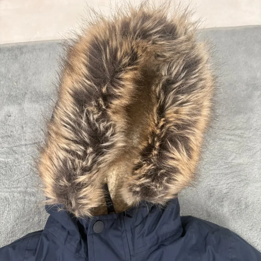 Lands' End Kids Winter Parka Coat L 10-12 Navy Down Faux Fur Hood
